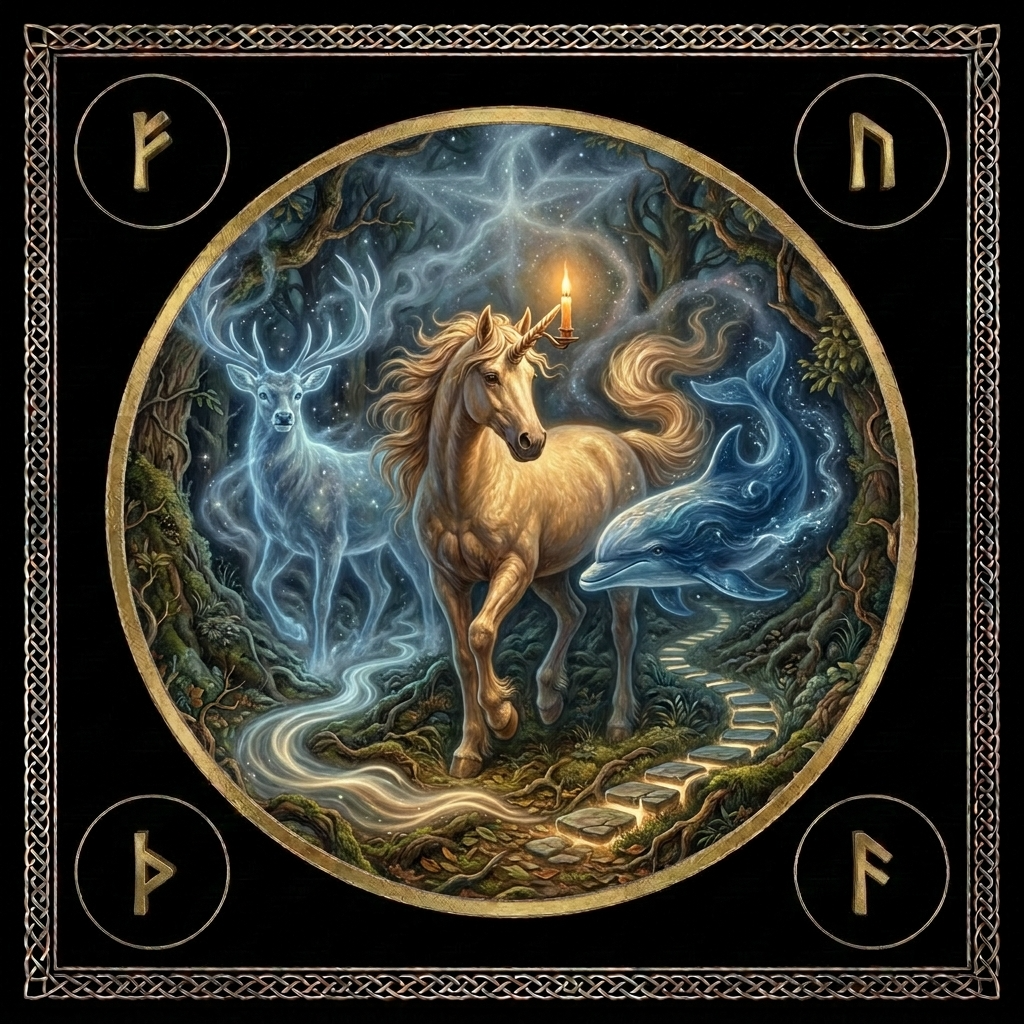 An evolving Spirit-Horse artwork framed in gold and runes