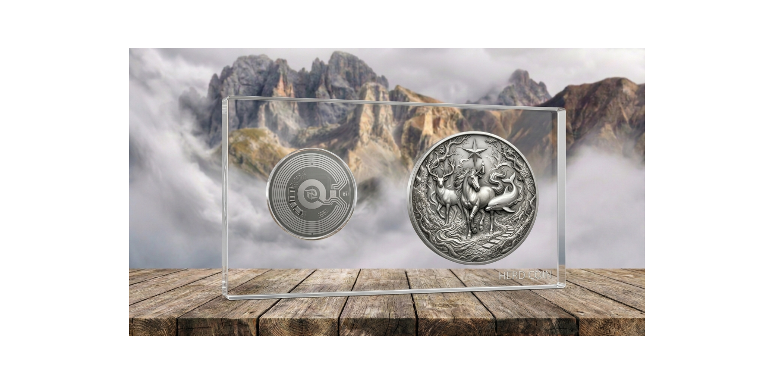 The HerdCoin set in a clear epoxy display with an integrated NFC chip
