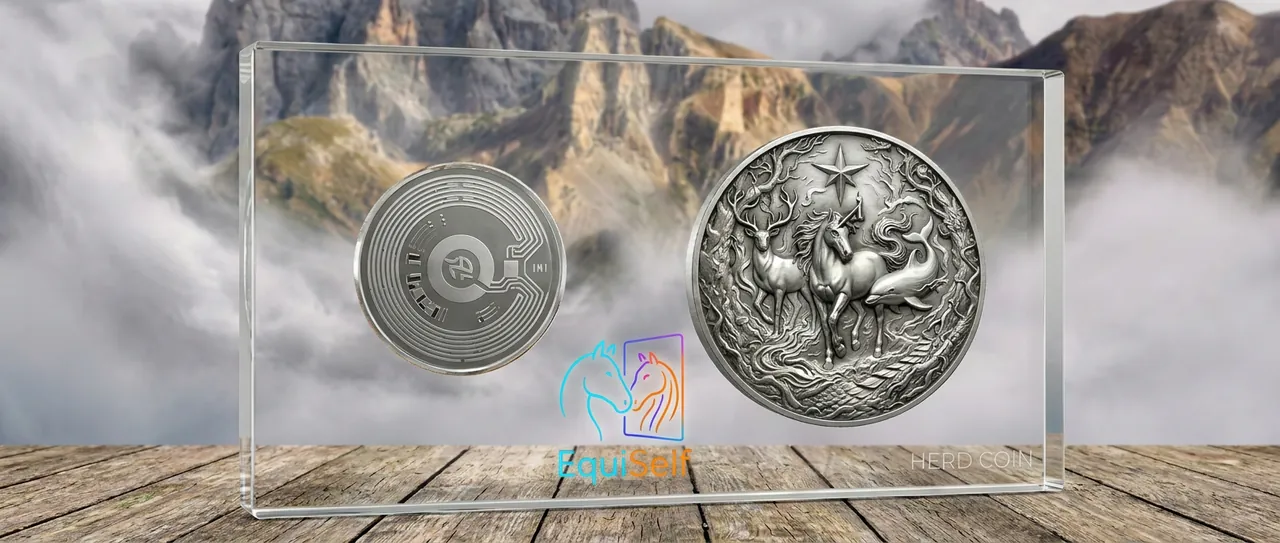 The EQUISELF Herd Coin shown inside its clear acrylic keepsake display — the physical twin of your dynamic NFT