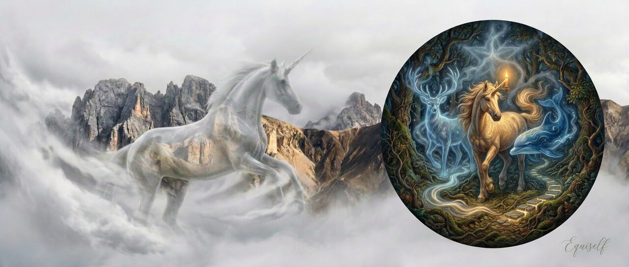 EQUISELF Spirit-Horse artwork — the Unicorn archetype in a misty mountain scene